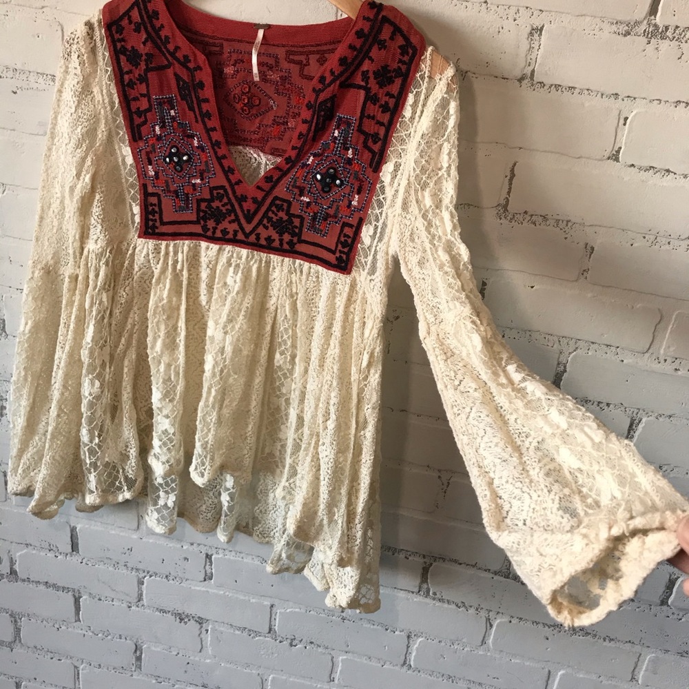 Free People Cream Flowy Lace Top with Red Embroidery - Picture 7 of 8
